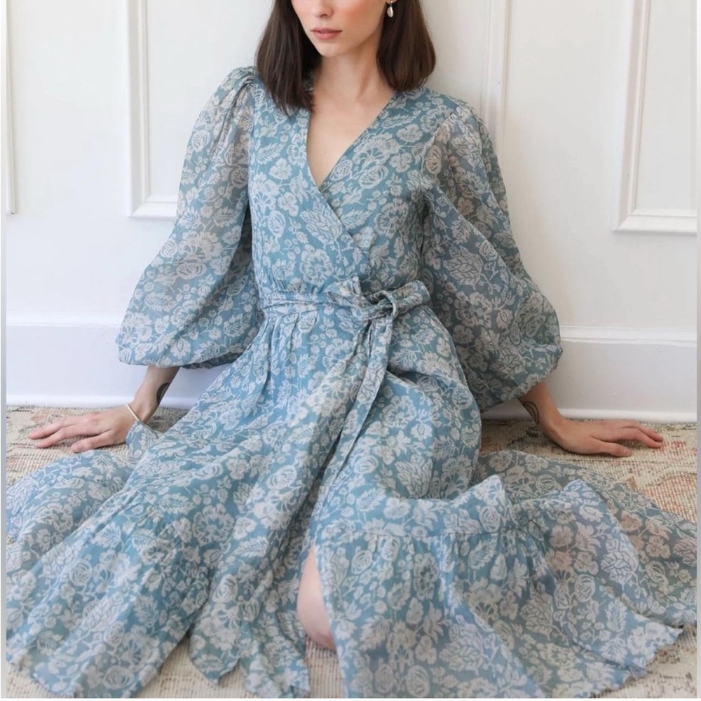 Mille - Adele Dress- misty blue and white wrap dress